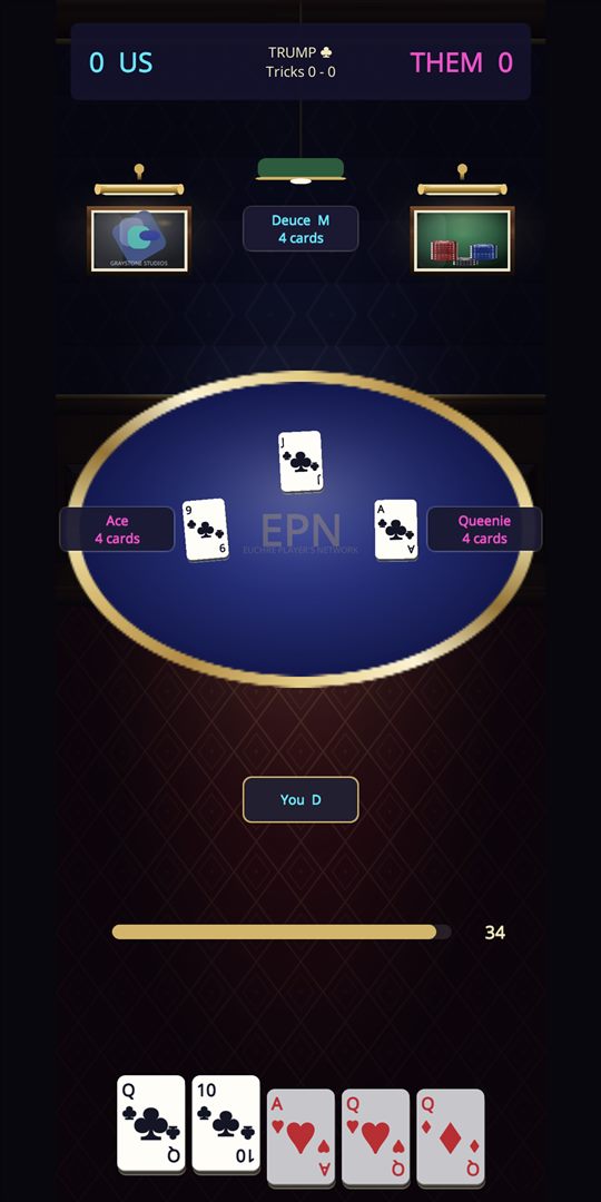 A trick in play on the felt table